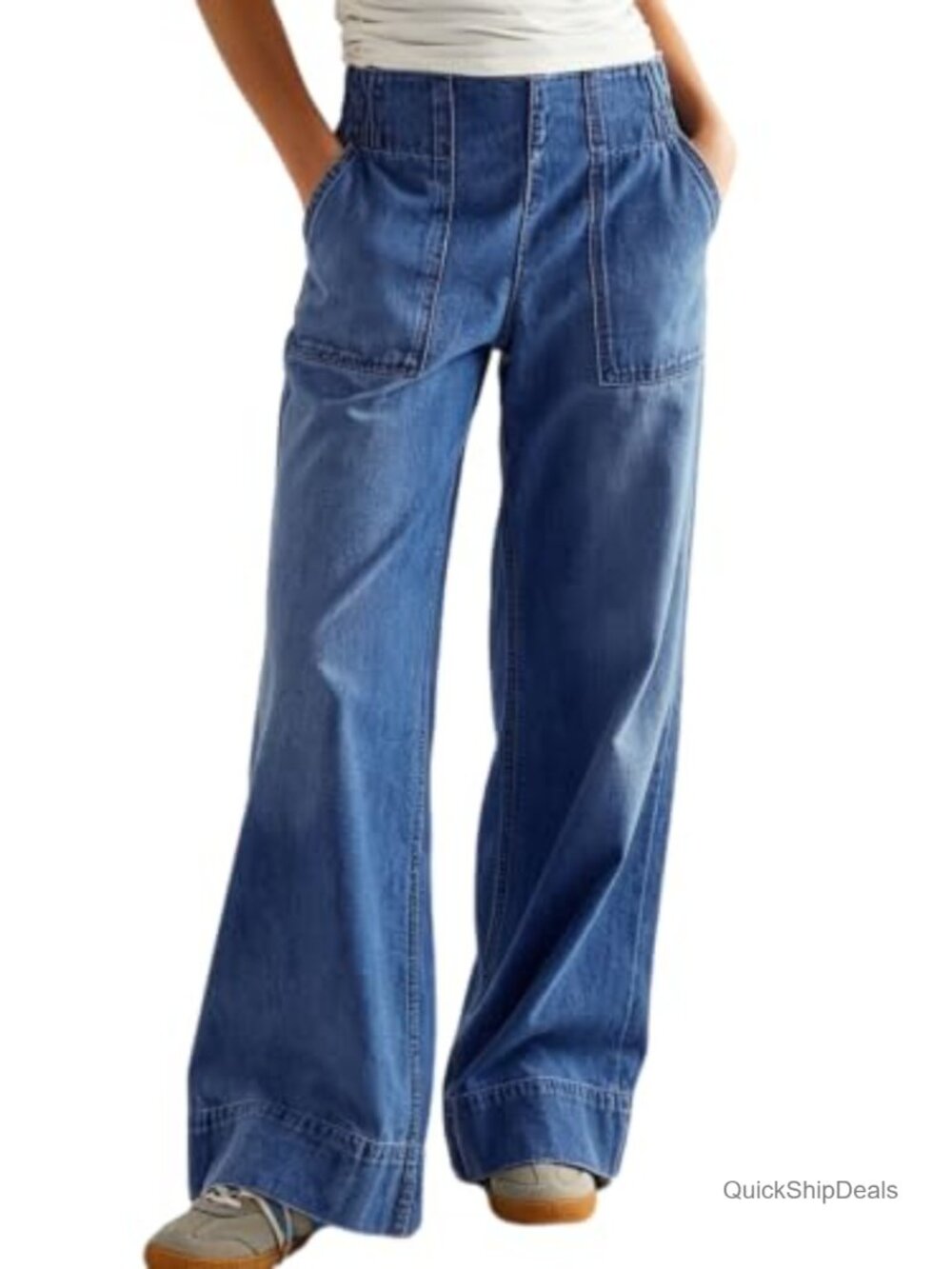 Women Wide Leg Jeans Pull On Elastic Waist Baggy Denim Pants